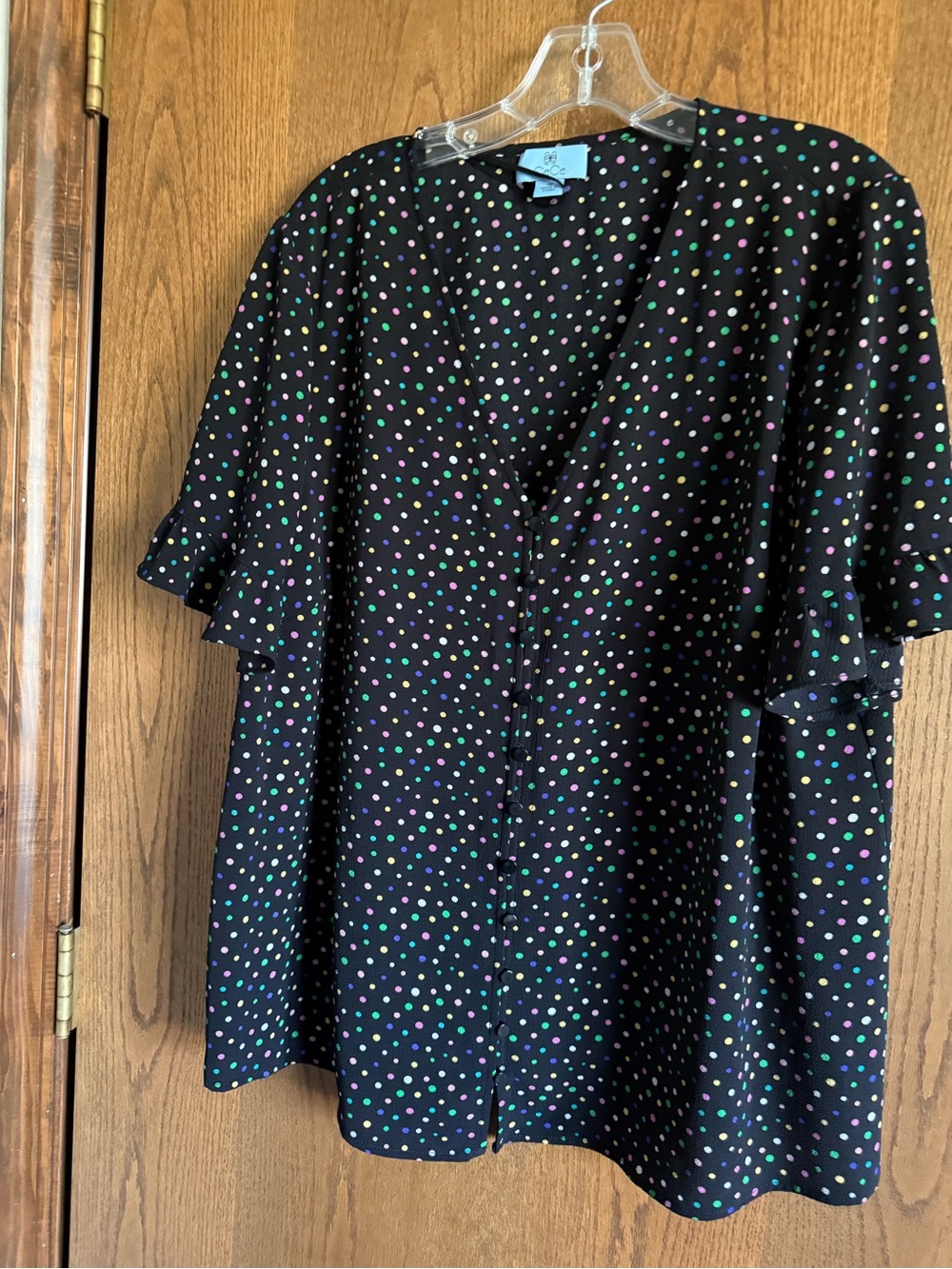 CeCe Black Button-Front Shirt with Multicolor Polka Dots
